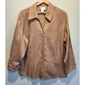 Coldwater Creek Brown 100% Raime Collared V Neck  Snap Up Blouse Sz 2X
